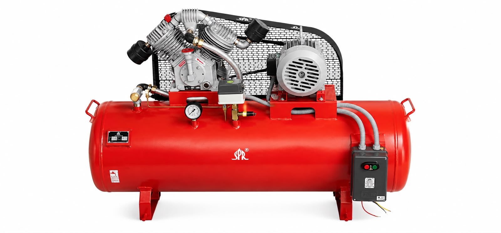 Air tank compressor with belt-driven twin cylinder head